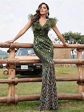 abordables Robes de Soirée-Robe de Quinceanera Sirène  Trompette Élégante Robe Mariage Mariée Invitée Longueur de Sol Sans Manches Col en V Spandex avec Sequins
