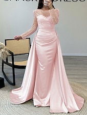 cheap CHAMPAGNE-Mermaid Sequin Evening Gown Ruched Champagne Satin Dress Long Sleeves Masquerade Floor Length Illusion Neck with Pearls Overskirt dress 2025