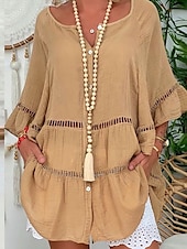 preiswerte Kleider-Damen Mini Kleid Shift Kleid Rüschendress Puffärmel Kleid Leinen Casual Täglich Urlaub Regelmäßige Passform Grafik 3/4 Ärmel V-Ausschnitt Weiß Gelb Rot Braun Sommer