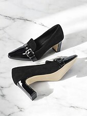 levne Block Heels-dámské dvoubarevné semišové a lakované lodičky na podpatku - elegantní business a párty boty s detailem přezky