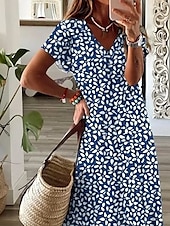 billiga Konst &amp; Design Klänning-Damklänning maxi A-linjeformad klänning sommarklänning elegant semester casual semester daglig regular fit blommig grafisk prickig kort ärm V-hals dammig blå sommar vår höst