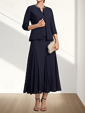 olcso Tea hossza-Két részes A-vonalú menyecske anyukájának ruha Esküvői vendég Elegáns Kerek nyak Tea hosszúságú Chiffon 3/4 Hosszú ujjú Gyöngyözéssel Midi ruha 2025