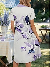 economico Abito Floreale-Per donna Abito Midi Abito a trapezio Vacanza Casual Quotidiano Data Vestibilità regolare Floreale Grafico Foglia Manica Corta Colletto a Camicia Argento Estate Primavera