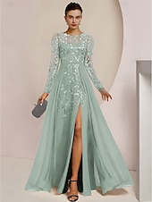 abordables Longueur du plancher-Robe de mère de la mariée A-Line pour invitée de mariage élégante col bijou longueur de sol en chiffon dentelle sequins à manches longues avec plissage avant couleur unie taille personnalisée gratuite