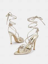Χαμηλού Κόστους Σανδάλια με τακούνι-Γυναικεία πέδιλα στιλέτο με κορδόνια πεταλούδα – ψηλοτάκουνα στρας για πάρτι και χορό
