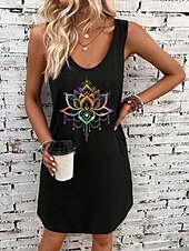 billiga Blommiga klänningar-Dam Mini klänning A linjeklänning Sommarklänning Off Shoulder Klänning Semester Ledigt Dagligen Lös passning Blommig Grafisk Ärmlös U-hals Svart Sommar