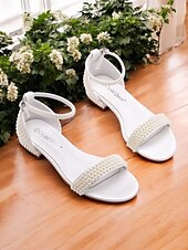 abordables Occasionnel-sandales de mariage plates en perles blanches pour femmes - chaussures de mariée élégantes avec bride à la cheville