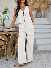 cheap Sets-Women&#039;s Active Basic Linen-Inspired Sets Two Piece Sets Vest Sleeveless V Neck Solid Color Lace up Casual Daily White Wine Dark Navy Summer Regular Fit