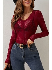 preiswerte Spitzenoberteile-Damen Spitzenhemd Bluse Glatt Stilvoll Langarm V Ausschnitt Normale Oberteile Täglich Ausgehen Spitze Schwarz Weiß Wein Sommer
