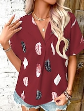 cheap Art&amp;Design Tops-Women&#039;s Shirt Feather Stylish Casual Short Sleeve Shirt Collar Regular Tops Daily Buttons Print Black White Pink Wine Blue Summer Spring