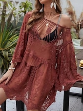 abordables Robes de plage-Maillots de bain pour femmes robe de plage couverture maillot de bain en dentelle patchwork vacances couleur unie col en V à manches longues