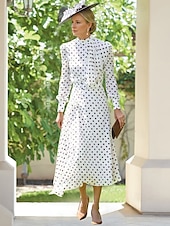 cheap Under $129.99-A-Line Dress Mother of the Bride Dress Polka Dots Elegant Vintage Party Mock Neck Floor Length Chiffon Cotton Blend Long Sleeve with Buttons Wedding Guest Dress