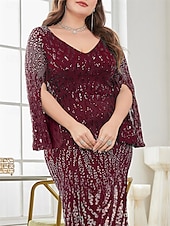 baratos AZUL-Vestido Plus Size Mãe da Noiva Vestido de Curvas Elegante Festa Decote em V Comprimento do Chão Spandex Manga Longa com Lantejoula 2025