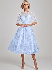 abordables Longueur du plancher-Robe A-Line En Sequins Brodée Bleue Robe de Mère de la Mariée Élégante Vintage Illusion Col Longueur Cheville Dentelle Manches Mi-longues