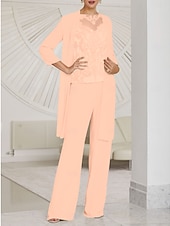 economico Tailleur pantalone della mamma-Tuta  abito intero 3 pezzi madre della sposa invitata al matrimonio elegante collo illusion lungo fino al pavimento in chiffon pizzo maniche lunghe con arricciature colore solido taglia