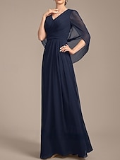 preiswerte Bodenlänge-A-Linie Brautmutterkleid Hochzeitsgast Elegant V Ausschnitt Bodenlang Chiffon Kurzarm mit Falten Raffung 2025
