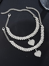 abordables Bracelet pour femme-Ensemble de bracelets et de chevilles en strass pour femme avec breloque cœur – bijoux scintillants pour mariages, fêtes et occasions spéciales