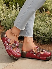 preiswerte Urlaubsandalen-Damen-Clogs aus geblümtem Leder – handgefertigte Slip-On-Pantoletten mit Keilabsatz und Cut-out-Design im Bohème-Stil für Freizeitkleidung und Komfort im Freien