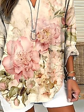 preiswerte Blumenoberteile-Damen Bluse Blumen Hawaiianisch Basic Lässig Langarm V Ausschnitt Normale Oberteile Täglich Ferien Knöpfe Druck Aprikose Sommer Frühling