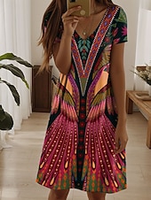 billiga Boho klänningar-Kvinnors Mini Klänning A-linje Klänning T-shirt Klänning Tee Klänning Avslappnad Semester Daglig Regular Fit Grafisk Löv Paisley Korta Ärmar V-hals Mörkröd Sommar Vår