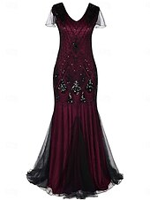 abordables Moins de 129,99 $-Robe Robe de Mère de Mariée  Élégant ancien Fête Col en V Longueur au sol Polyester Manche Courte avec Paillettes 2025