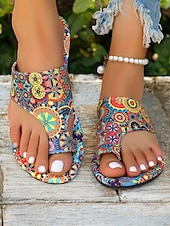 preiswerte Urlaubsandalen-Flache Sandalen für Damen im Boho-Paisley-Print – stylische Riemchensandalen für den Sommer für Freizeitausflüge, Strand und Urlaub