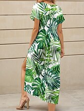 ieftine Rochii florale-Pentru femei Rochie Maxi Rochie de Vară Rochie A line Vacanță Casual Fit regulat Grafic Frunză Tropical Manșon scurt În V Trifoi Vară Primăvară