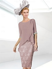 economico Lunghezza del tè-Abito Tubino da Spiaggia Madre della Sposa Elegante Collo Gioiello Lunghezza Ginocchio Sequin Chiffon Elasticizzato Manica Mezza con Ruches in Pizzo 2025 misura personalizzata gratuita