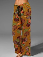 baratos Calça de linho de algodão simples-Mulheres Calças de linho de algodão Calças Calça Palazzo Moda Roupa de rua Comprimento total Natural Floral Estampado Design de cordão elástico Confortável Exterior Rua Roupa Diária Para Noite