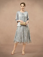 cheap Dress Sets-A-Line Mother of the Bride Dress Two Pieces Elegant Jewel Neck Tea Length Lace 3/4 Length Sleeve with Embroidered Lace Applique 2025