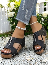 abordables Sandalias de cuña-Sandalias de cuña con remaches para mujer: zapatos de plataforma de corcho con punta abierta y cierre de cremallera para uso informal y de verano