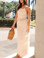 preiswerte Weiße Freizeitkleider-Damen kleid lang Zweiteiliges Kleid Sommerkleid skims dress Modisch Täglich Festtage Wochenende Regular Fit Glatt Ärmellos Spaghetti-Träger Schwarz Rote Blau Aprikose Sommer