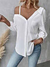 preiswerte Damen Einfache Oberteile-Damen Hemd Einfarbig Stilvoll Lässig Langarm Hemdkragen Normale Oberteile Täglich Knöpfe Tasche Schwarz Weiß Grün Aprikose Sommer