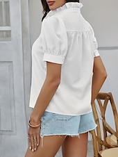 voordelige Dames eenvoudige tops-Dames Overhemd Gestreept Stijlvol Casual Korte mouw Overhemdkraag Normale tops Dagelijks Ruche Knop Afdrukken Wit Blozend Roze blauw Groen Zomer