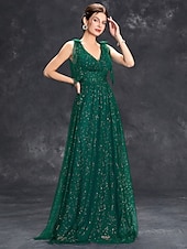 economico VERDE-Abito da sera a linea A abito scintillante formale per matrimonio lunghezza fino a terra senza maniche scollo a V tulle con glitter