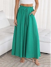 abordables Pantalon en coton et lin-Femmes Jambe large Pantalon en coton et lin Pantalons Mode Longueur complète Trèfle Cordon de serrage Poches Latérales in in france they say Pontalon wide leg Respirabilité Confortable Non Elastique