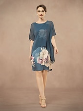 abordables Moins de 129,99 $-Robe Mère de la Mariée Colonne Sheath Élégante Col Ronde Longueur Thé Mousseline Satin Manches Courtes avec Fleur Couleur Unie Robe de Mariage Invité 2025