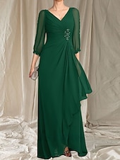 economico Lunghezza del pavimento-Linea ad A Abito da cerimonia per signora Ospite di nozze Elegante Scollo a V Lunghezza al pavimento Chiffon Manica 3/4 con Perline Arricciatura 2025