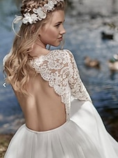 abordables vestidos de novia casuales-Vestidos de Boda Casuales A-Línea Boda de Playa Cuello con Picos Boho Barpque Encaje Manga Larga Cola Barrido Vestidos de Novia de Encaje Chiffon Plisado