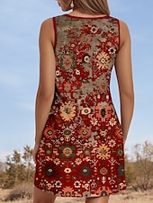 tanie Sukienki boho-Damskie Sukienka mini Sukienka letnia Sukienka trapezowa Sukienka z odkrytymi ramionami Urlop Codzienny Wyjściowe Regularny Kwiaty Graficzny W Tureckie Wzory Bez rękawów W serek Wino Lato Wiosna
