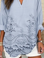 billige Blomstrete topper-Kvinners Bluse Tunika V-hals Langermet Boho Kule Topper 3D Print Grafisk Grunnleggende Vanlige Topper Daglig Knapper Print Rosa Lys Blå