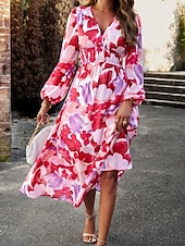 cheap Floral Dress-Women&#039;s Midi Dress A Line Dress Fit And Flare Dress Puff Sleeve Dress Vacation Casual Vacation Daily Regular Fit Graphic Long Sleeve V Neck Red Blue Green Apricot Summer