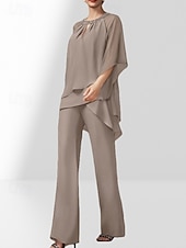 abordables Longueur du plancher-Ensemble Deux Pièces Combinaison Robe de Mère de la Mariée Invité de Mariage Élégante Col Montant Longueur de Sol Crêpe Manches 3/4 Avec Ruchés Perles 2025