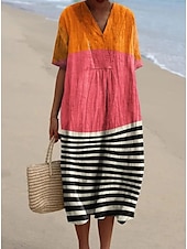 abordables Robes Rayés et Géométriques-Robe midi féminine robe d&#039;été robe en A lin vacances décontractée plage sortie coupe ample graphique géométrique à manches courtes col en V blanc rose rouge khaki été