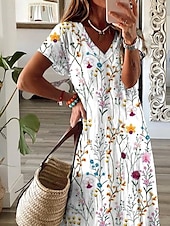 preiswerte Blumenkleid-Damen Maxi Kleid A-Linie Kleid Sommerkleid Elegant Urlaub Urlaub Täglich Reguläre Passform Floral Grafik Kurzarm V-Ausschnitt Weiß Sommer Frühling Herbst