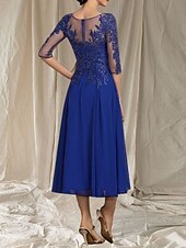 abordables Longueur du thé-Robe de mère de la mariée en A-Line pour invitée de mariage col rond élégant longueur thé chiffon tulle manches demi-longues avec perles appliqués robe midi