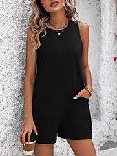 preiswerte Rompers-Frauen Jumpsuit Aktiv Einfarbig Ärmellos Rundhals Tasche Urlaub Straße Schlank Schwarz Weiß Fuchsia Sommer