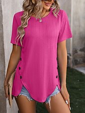 abordables Débardeur Simple-T-shirt Femme Uni Mode Moderne Décontracté Manches Courtes Col Rond Tops Quotidien Week-end Boutons Noir Blanc Violet Fuchsia Été