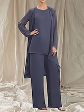 baratos Comprimento do chão-Macacão  Conjunto de Calça 3 Peças Mãe da Noiva Vestido de Convidada de Casamento Elegante Gola Redonda Comprimento Total Chiffon Manga Longa com Babados
