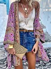abordables Robes Bohémiennes-Femme Chemisier Fleur Moderne Décontractées manche longue Asymétrique Hauts longs du quotidien Vacances Sortie Imprimer Jaune Rose Claire Violet Vert Eté